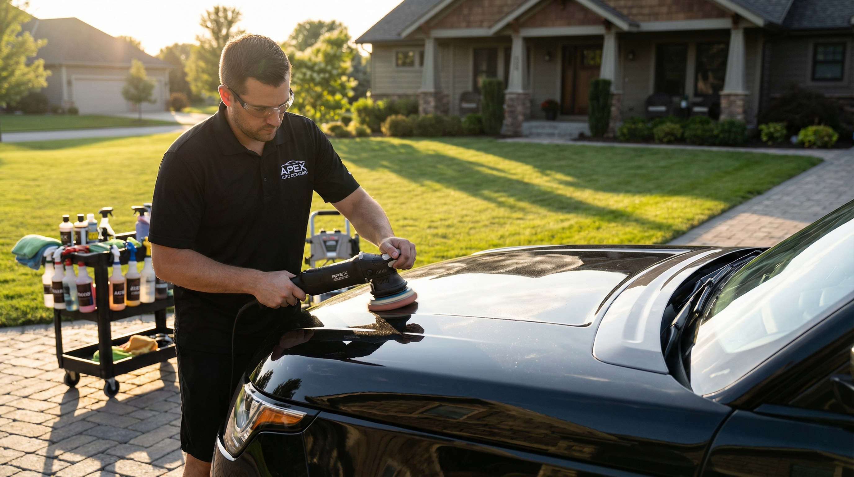 Professional mobile detailer working on a luxury vehicle